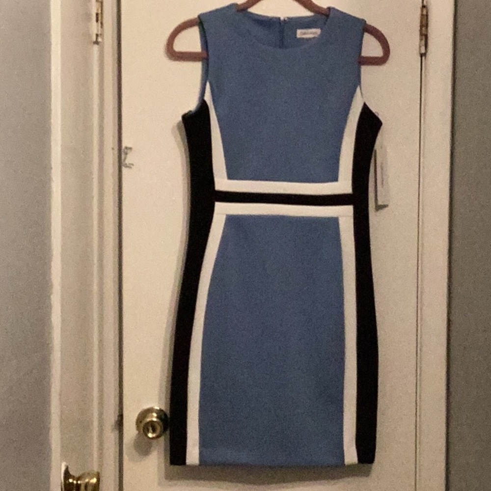 Calvin Klein Blue and Black Sheath Dress Sleeveless Midi